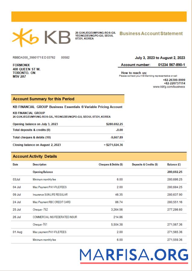 Printable KB Financial Group bank company checking account statement Word and PDF template